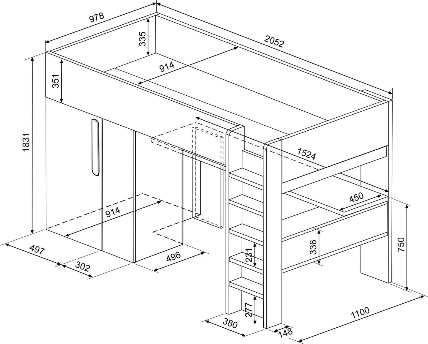 Mont Blanc High Sleeper Loft Bed with Desk, Wardrobe & Shelves